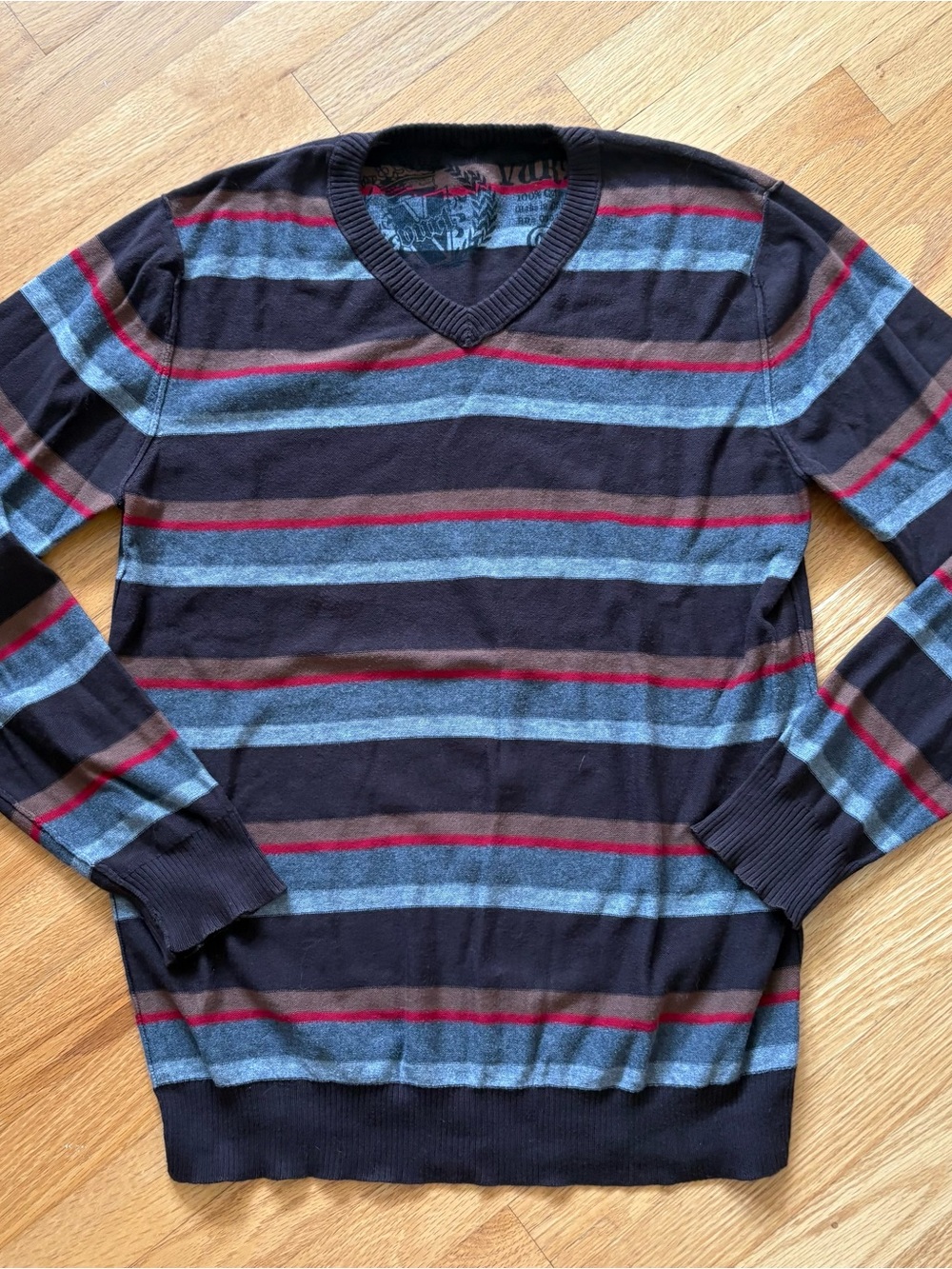 Men's V-Neck Striped Sweater in Brown, Gray & Red